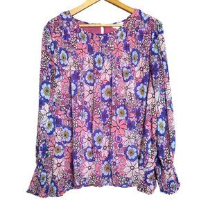 Terra & Sky Floral Long Sleeve Blouse 1X Pink Purple Multicolor Polyester Womens
